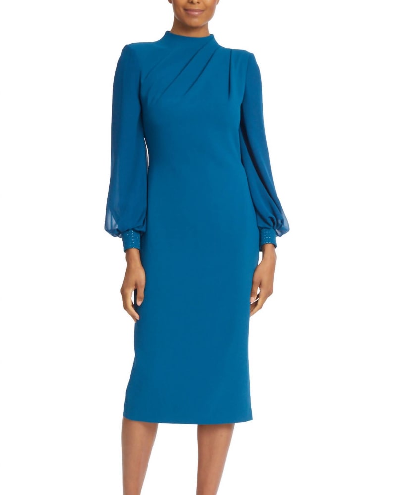 Front of a model wearing a size 10 Pleated Neck Cocktail Dress In Teal in Teal by Badgley Mischka. | dia_product_style_image_id:344645